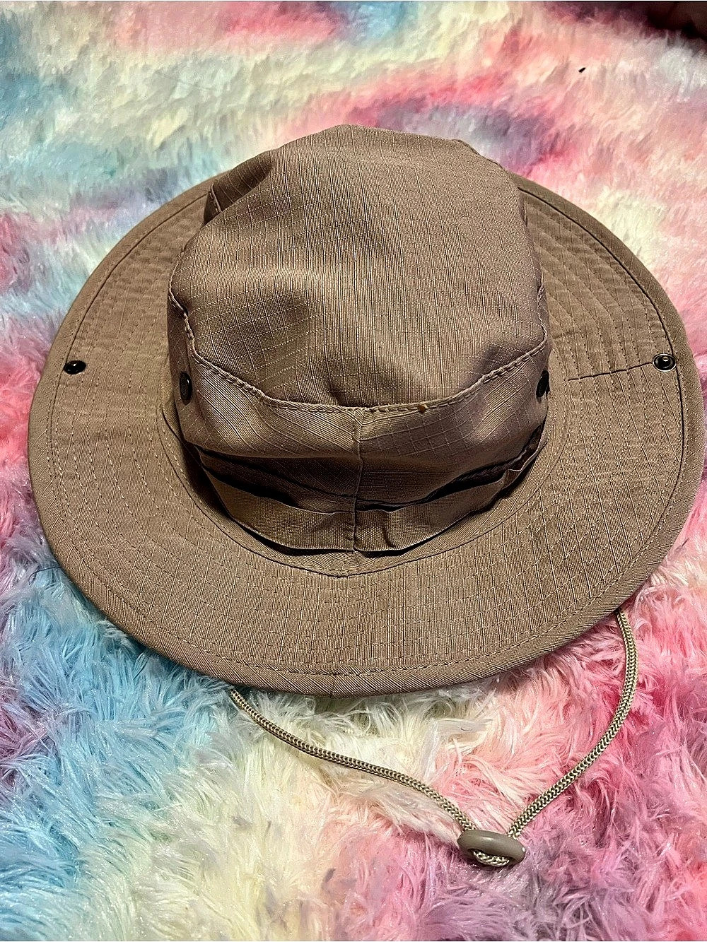 Tan Sun Bucket Hat with Chin Cord